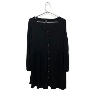 Women Long Sleeves Short Black Dress With Buttons Size Medium